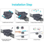 Load image into Gallery viewer, Step-by-step installation guide for the Starlink Standard Roof Rack Mount, showing screw installation, mounting onto the roof rack, securing with bolts, routing the cable, plugging in the cable, and final mount securing.