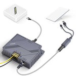 Load image into Gallery viewer, Starlink Mini 150W GigE Passive PoE Injector with Ethernet cable, power adapter, and Starlink Mini satellite dish for high-speed remote internet connectivity.