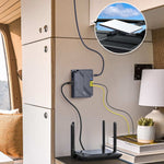 Load image into Gallery viewer, Indoor installation example of the Starlink Mini 150W GigE Passive PoE Injector powering a Starlink Mini Dishy on a vehicle roof and connecting to a home router for high-speed internet