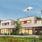 Load image into Gallery viewer, Modern house roof installation with Starlink Standard Pipe Adapter – A two-story modern home featuring a Starlink dish securely mounted using the Starlink Standard Pipe Adapter for reliable high-speed satellite internet