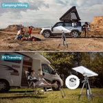 Load image into Gallery viewer, Camping and RV traveling setup showing Starlink Mini Tripod Mount Adapter mounted on a tripod, providing portable Starlink satellite internet for outdoor adventures