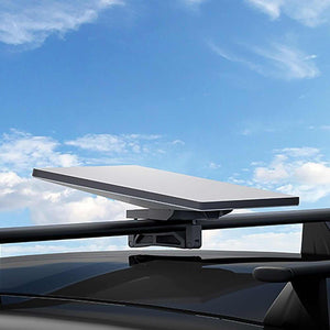 Starlink Mini Roof Rack Mount securely attached to vehicle crossbars, providing stable satellite dish installation for travel and outdoor connectivity.