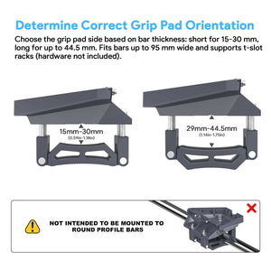Grip pad orientation guide for the Starlink Standard Roof Rack Mount, showing correct pad positions for 15–30 mm and 29–44.5 mm bar thickness, with warning that it is not suitable for round profile bars.