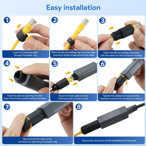 Step-by-step installation guide for Starlink Mini 150W GigE Passive PoE Injector, showing Ethernet cable connection, silicone sealing ring placement, waterproof housing assembly, and secure RJ45 interface setup.