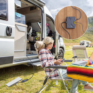 Starlink Mini 150W GigE Passive PoE Injector providing stable outdoor internet connection for RV camping, enabling seamless Starlink satellite connectivity for remote work and leisure.