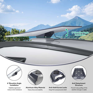 Starlink Standard Mobility Mount with 8° elevation angle installation for stable signal and reduced wind resistance, featuring durable aluminum alloy material, anti-theft screw locks, and anti-detachment structure to protect Starlink Mini/Gen 3 cable