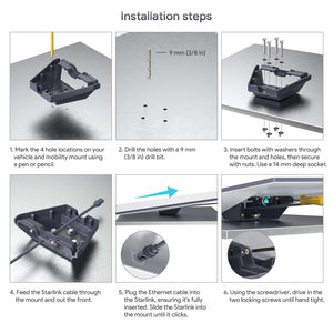 Step-by-step installation guide for Starlink Standard Mobility Mount, including marking and drilling 9mm holes, inserting bolts with washers, feeding the Starlink cable, connecting the Ethernet cable, and securing with locking screws for a stable setup