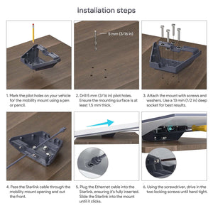 Step-by-step installation of the Starlink Standard Mobility Mount: mark and drill pilot holes, secure the mount with screws and washers, route the Starlink cable through the opening, connect the Ethernet cable to the Starlink unit, slide it into the mount until it clicks, and tighten the locking screws for a stable and secure setup