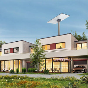 Modern house roof installation with Starlink Standard Pipe Adapter – A two-story modern home featuring a Starlink dish securely mounted using the Starlink Standard Pipe Adapter for reliable high-speed satellite internet