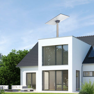 Starlink Standard Pipe Adapter on white contemporary villa – A white modern villa with a Starlink dish mounted via the Starlink Standard Pipe Adapter, ensuring wide home internet coverage.