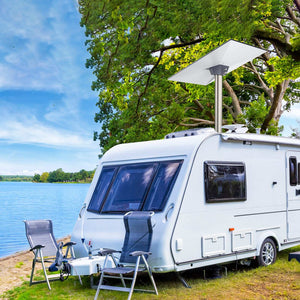 Lakeside RV equipped with Starlink Standard Pipe Adapter – An RV parked by a scenic lake, with a Starlink dish mounted on the roof using the Starlink Standard Pipe Adapter for fast internet during outdoor adventures