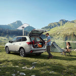 Load image into Gallery viewer, SUV outdoor camping with Starlink Standard Pipe Adapter – An SUV camping by a mountain lake, equipped with a Starlink dish mounted via the Starlink Standard Pipe Adapter for work and entertainment in the wild.
