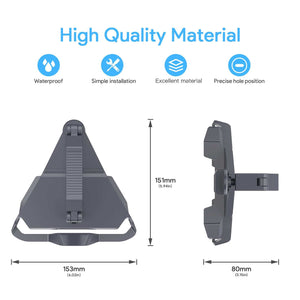 Starlink Mini Roof Rack Mount dimensions and features, showing 153mm width, 151mm height, and 80mm depth, made from high-quality waterproof material with precise hole positioning for easy installation
