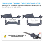 Load image into Gallery viewer, Starlink Mini Roof Rack Mount grip pad orientation guide showing correct installation for 12mm-32mm and 28mm-48mm thick roof rack bars, not compatible with round profile bars.
