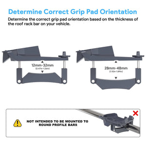 Starlink Mini Roof Rack Mount grip pad orientation guide showing correct installation for 12mm-32mm and 28mm-48mm thick roof rack bars, not compatible with round profile bars.