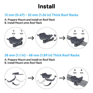 Starlink Mini Roof Rack Mount installation steps for 12mm-32mm and 28mm-48mm thick roof racks, demonstrating proper assembly and mounting procedure.