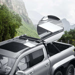 Load image into Gallery viewer, Close-up of Starlink Mini Roof Rack Mount installation showing firm attachment of the Starlink Mini Dishy to a pickup truck roof
