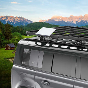 Starlink Mini Roof Rack Mount mounted on an SUV roof rack, perfectly fitting the Starlink Mini Dishy