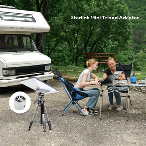 Outdoor RV camping scene with two women using laptops beside a camper van, Starlink Mini Tripod Mount Adapter installed on a tripod for reliable satellite internet