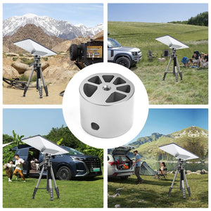 Multiple outdoor adventure scenarios featuring Starlink Mini Tripod Mount Adapter on a tripod, ideal for camping, hiking, and RV trips to ensure stable satellite connectivity.