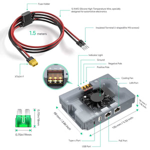 Gigabit PoE Injector with 9–36V DC input, 52V 6A output, dual USB ports, smart cooling fan, XT60H-F connector, and rugged aluminum design for Starlink Performance Gen3.