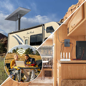 Gigabit PoE Injector powering Starlink satellite internet in RV camping setup, delivering reliable connectivity for outdoor work and travel.